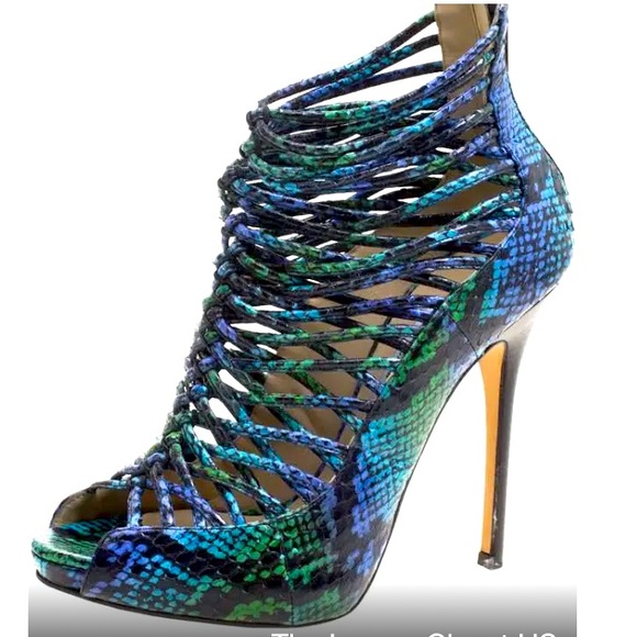 JimmyChoo Two Tone Python Leather Quaker Elaphe Open Toe Sandals Size 37.5
